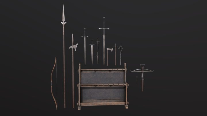 Medieval weapons with weapon rack 3D Model