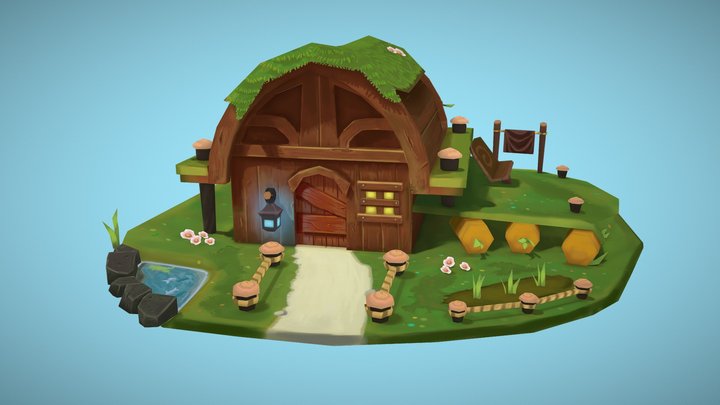 Hand Painted Wood House Scene 3D Model