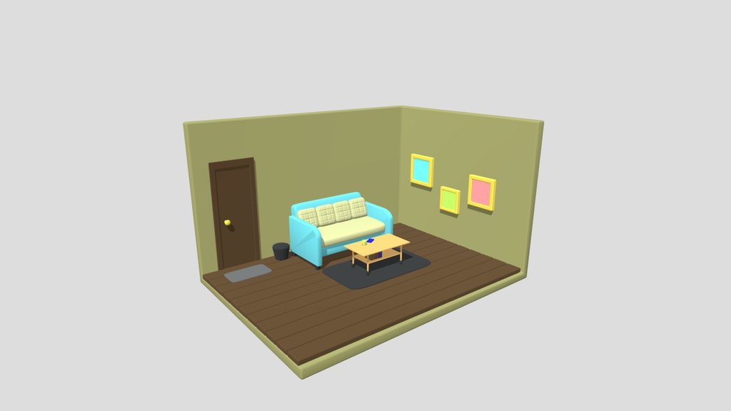 Cozy Mint Low Poly Living Room — Game Ready
