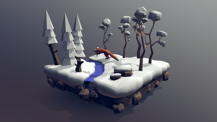 Fox Jumping on the Snow Scenario 3D Model