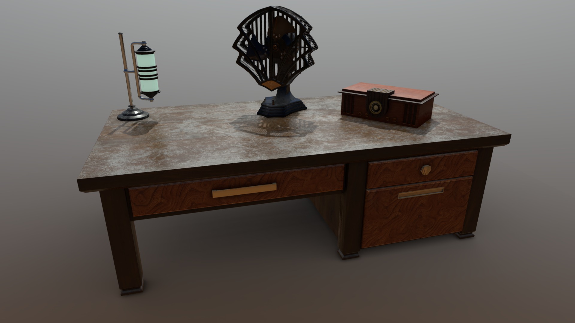 3D model Art Deco Desk - This is a 3D model of the Art Deco Desk. The 3D model is about a desk with a lamp and a lamp on top.