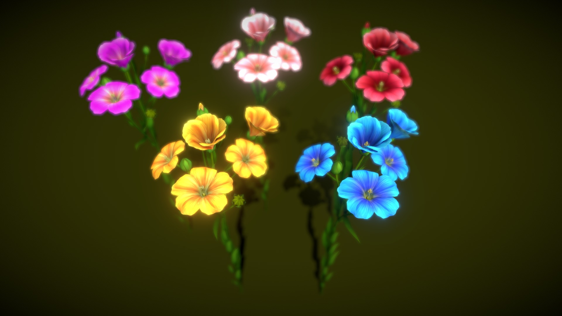 3D model Flower Flax - This is a 3D model of the Flower Flax. The 3D model is about a group of colorful flowers.