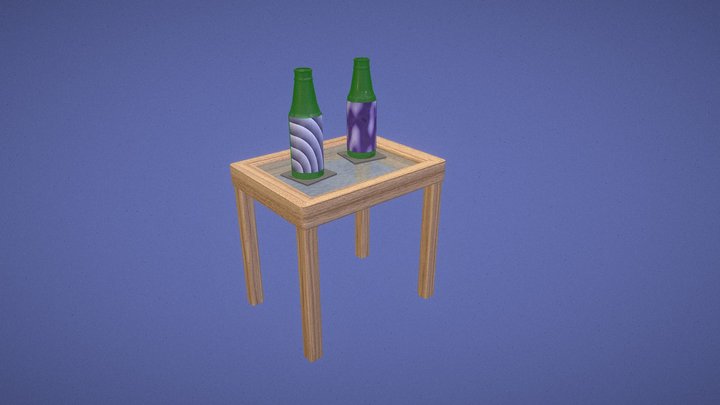 Small wooden side table with two bottles 3D Model