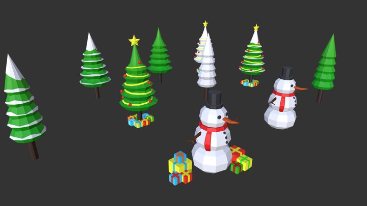 Low Poly Christmas Tree And Snowmen Gift 3D Model