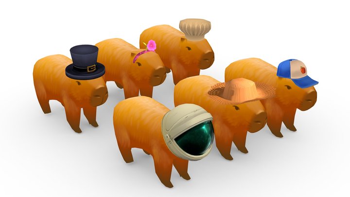 Capybaras with Hats - Low poly 3D Model