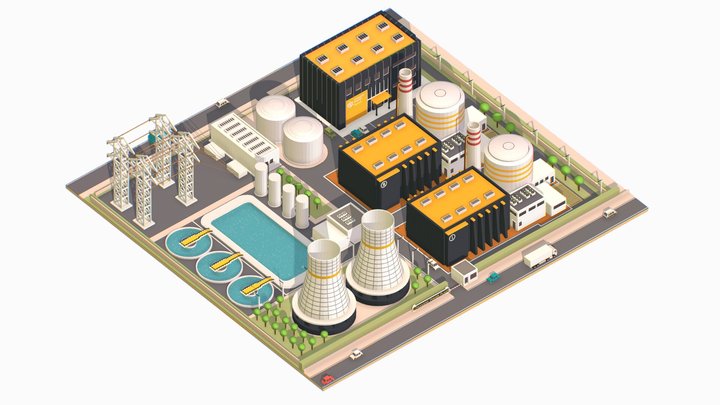Isometric power station representing nuclear 3D Model