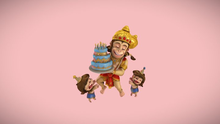 3D cartoon character hanuman ji with cake  ❤️ 3D Model