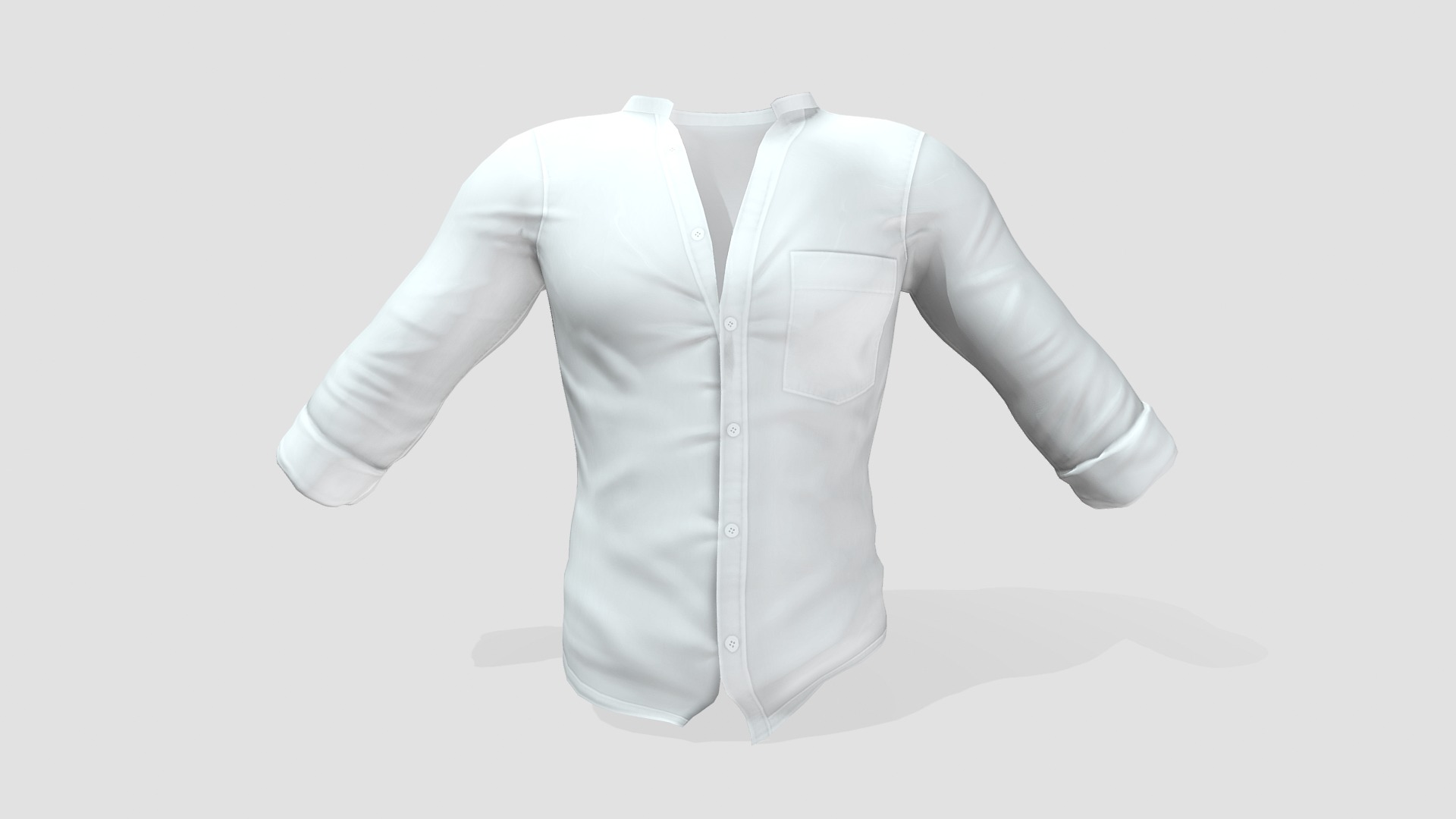 3D model Men’s Open Chest Standing Collar White Shirt - This is a 3D model of the Men's Open Chest Standing Collar White Shirt. The 3D model is about a white shirt on a white background.