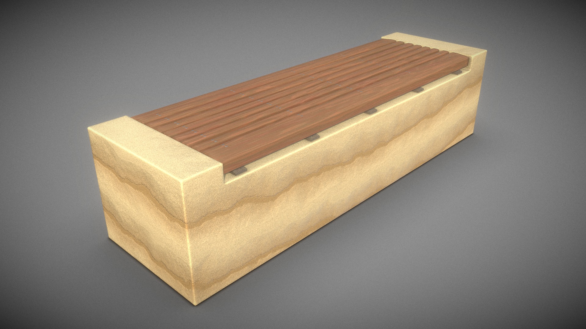 3D model Bench [6] Wood on Sandstone Block - This is a 3D model of the Bench [6] Wood on Sandstone Block. The 3D model is about a wooden box on a grey background.