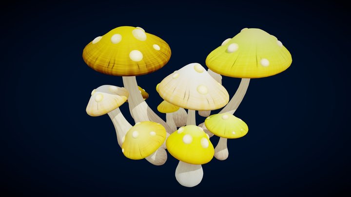 Cute Yellow Stylized Mushroom Set 3D Model