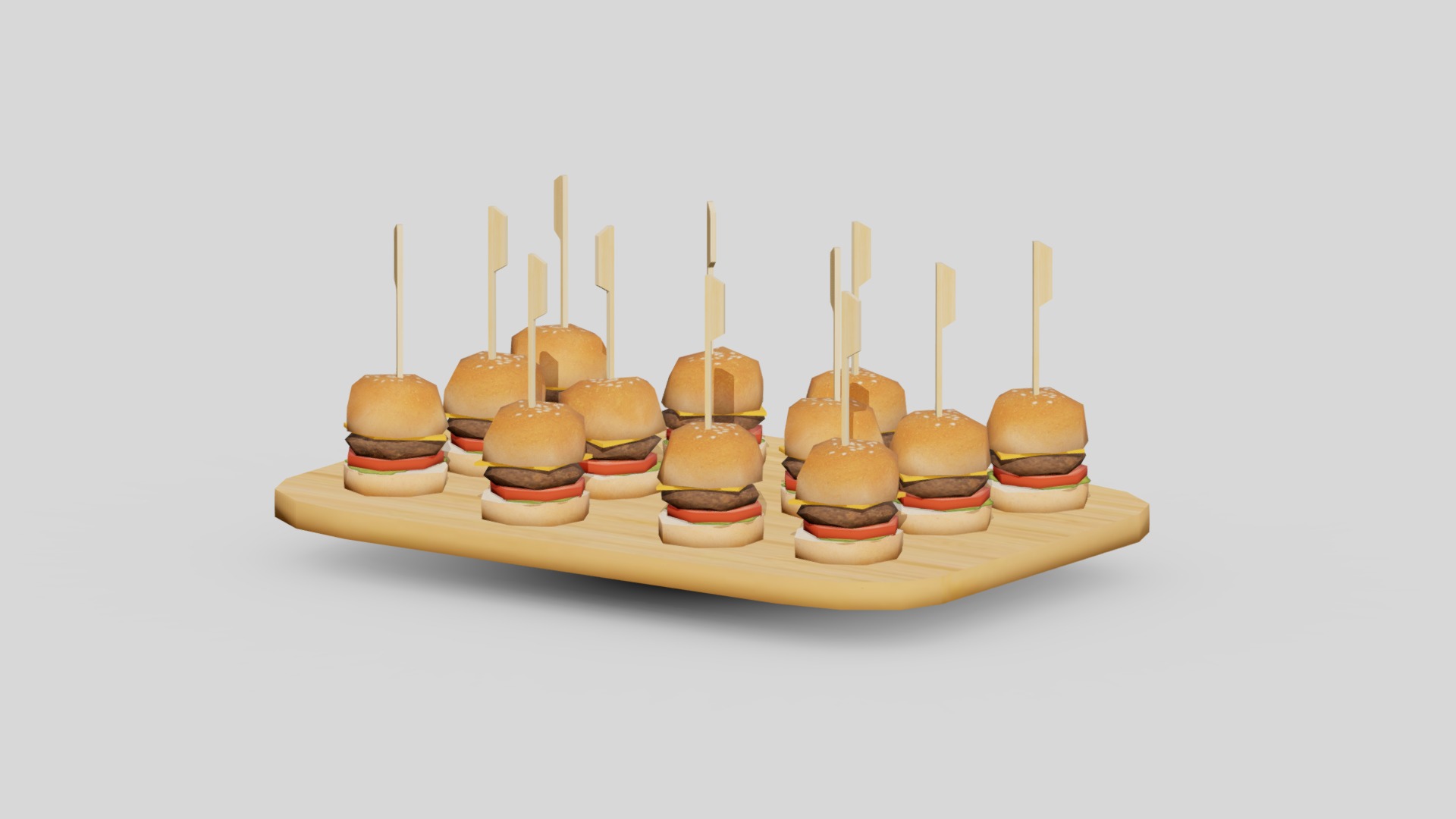 3D model Mini Burgers Low-poly - This is a 3D model of the Mini Burgers Low-poly. The 3D model is about a plate of cupcakes with candles.