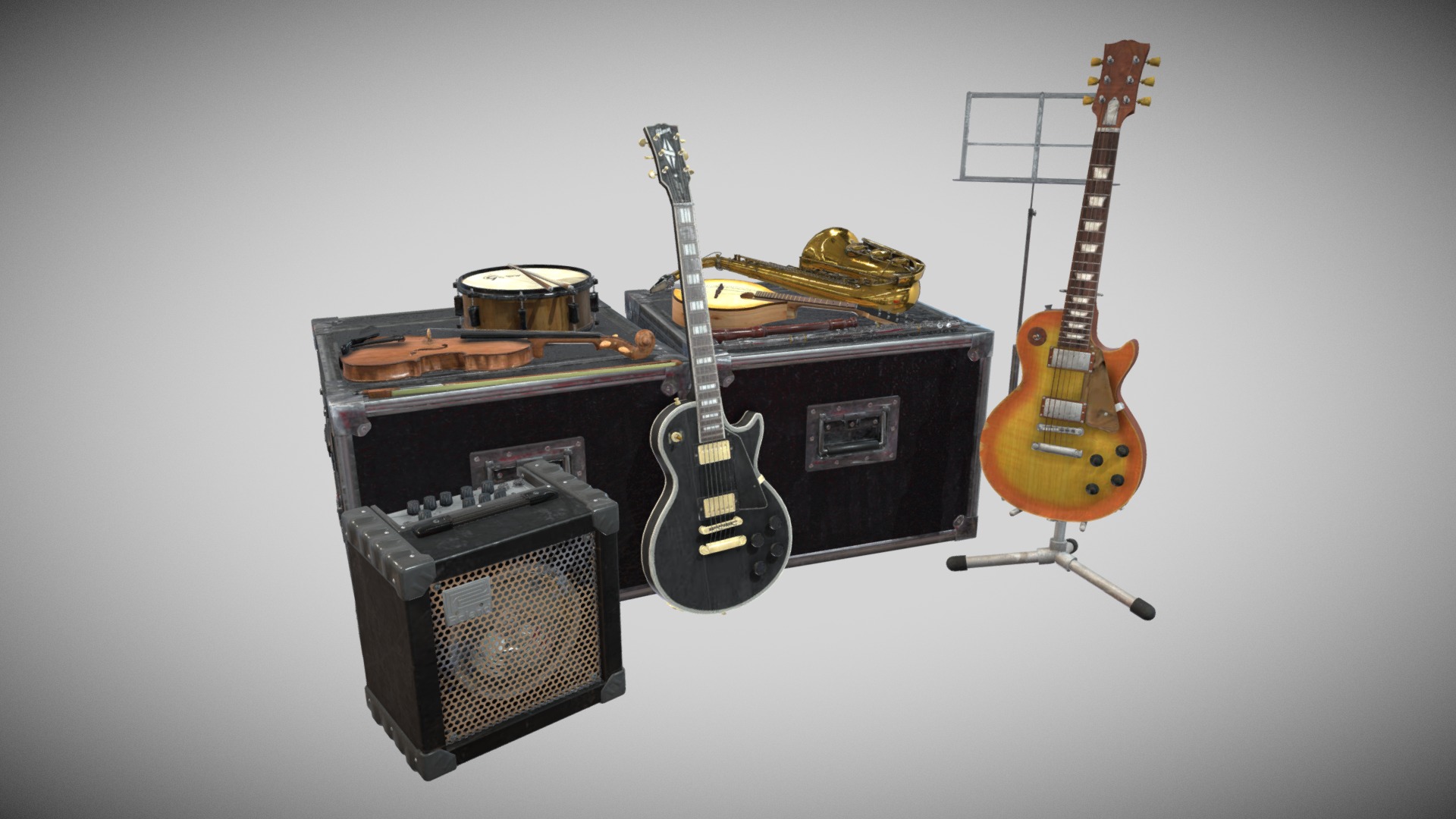 3D model Musical Instruments Group – One Material - This is a 3D model of the Musical Instruments Group - One Material. The 3D model is about a black and gold electric guitar.