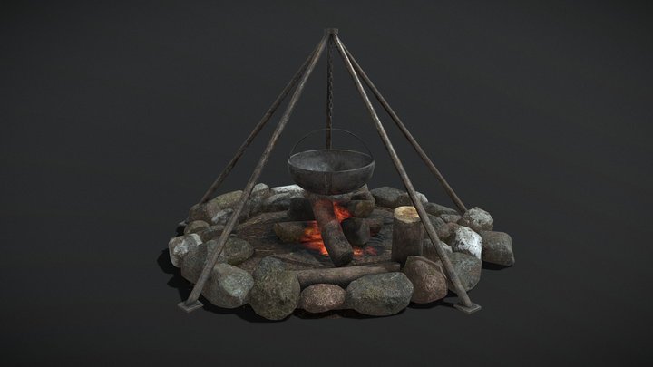 Medieval Hanging Cauldron Firepit 3D Model