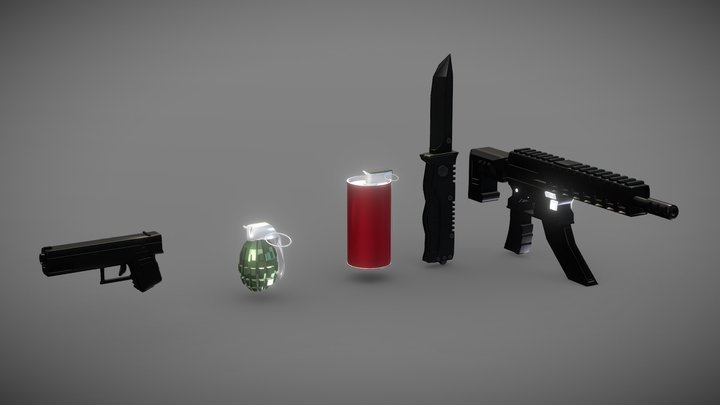 Low Poly Weapon Pack Ready Guns, Grenade, Knife 3D Model