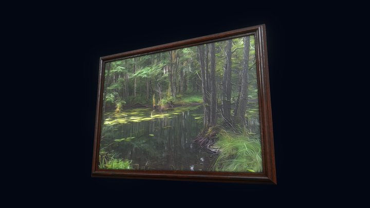 Vintage oil painting - Forest river Gwda 3D Model