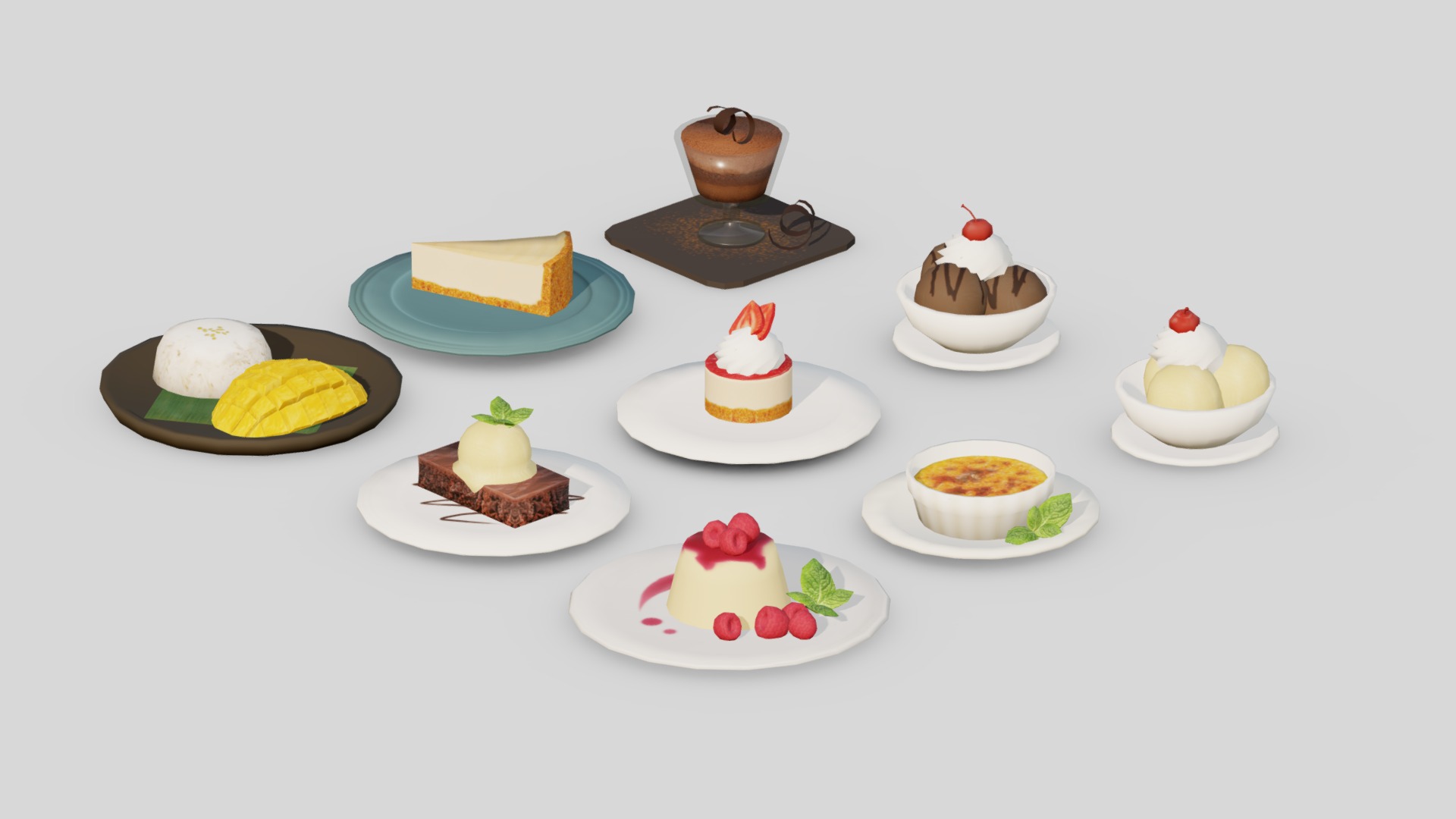 3D model Dessert Low-poly G25 - This is a 3D model of the Dessert Low-poly G25. The 3D model is about a table with plates of desserts.