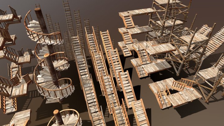 Wood Stairs & Ladders Set (1a) 3D Model