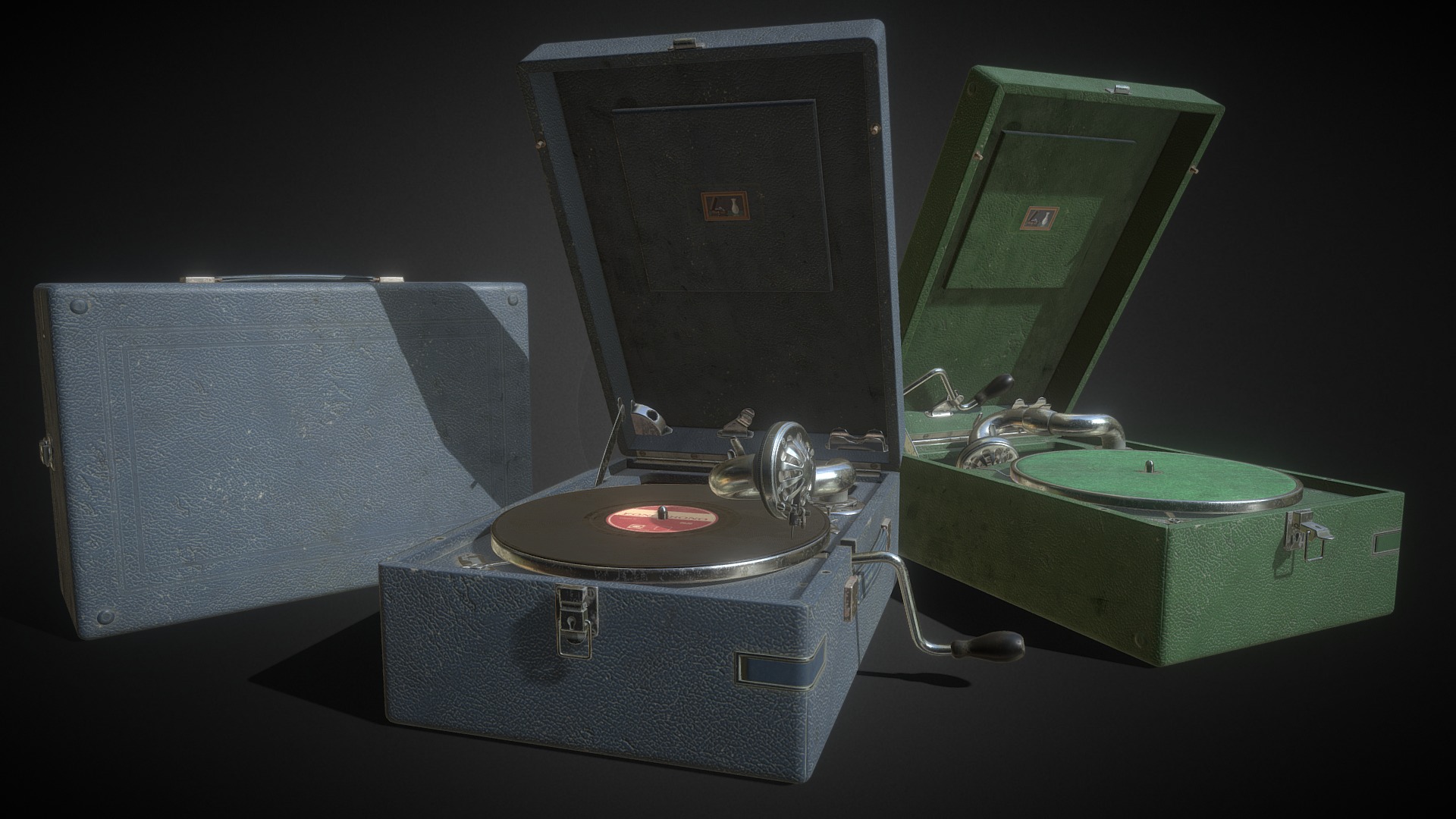 3D model British portable gramophone - This is a 3D model of the British portable gramophone. The 3D model is about a machine with a green box.