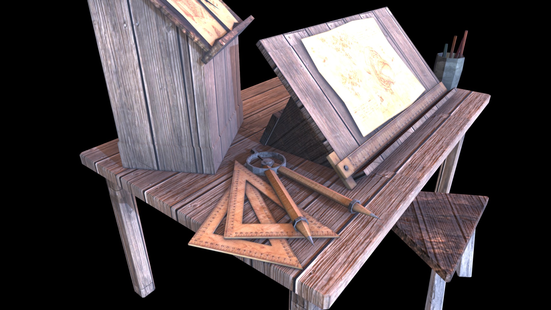 3D model Medieval Drafters Table - This is a 3D model of the Medieval Drafters Table. The 3D model is about a wooden model of a house.