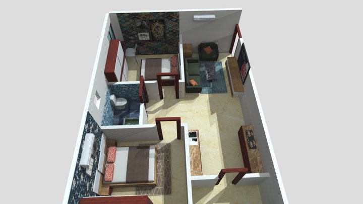2 BHK Cut Floor Plan 3 3D Model