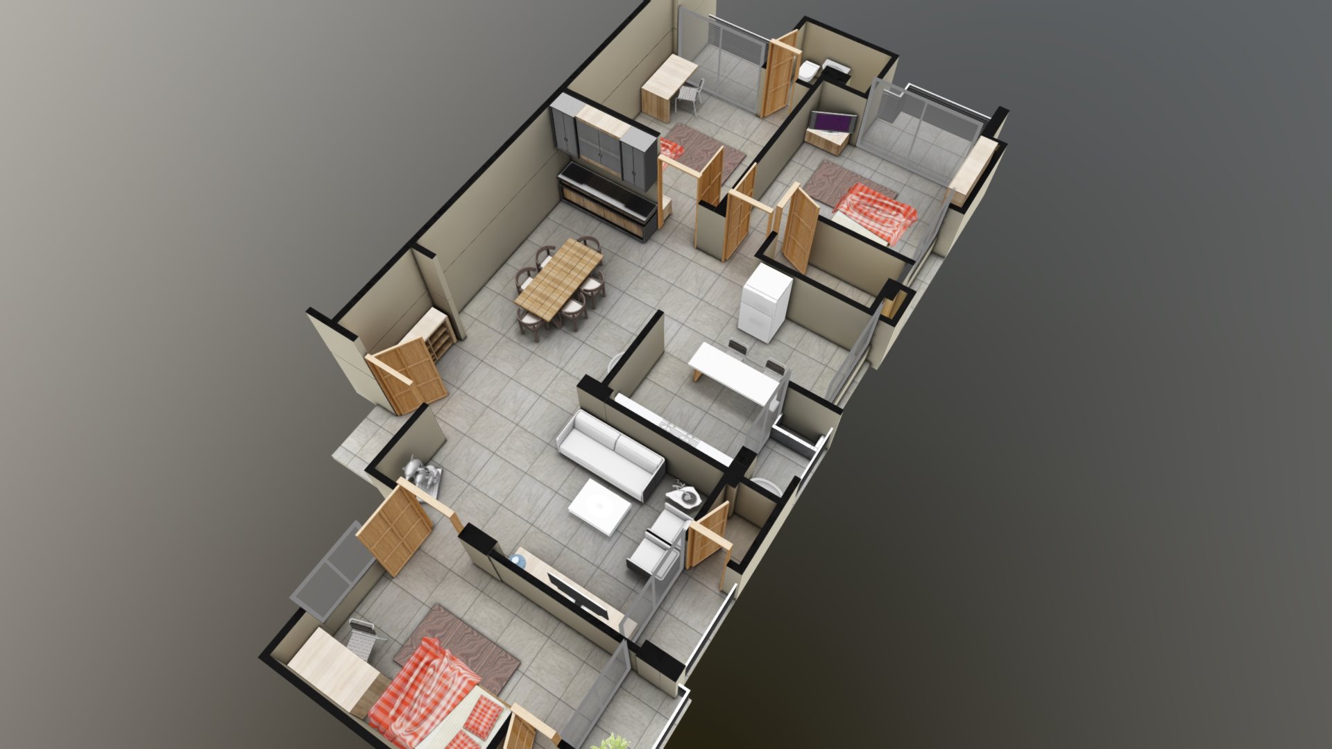 3D model Apartment interior model - This is a 3D model of the Apartment interior model. The 3D model is about a room with a table chairs and a couch.