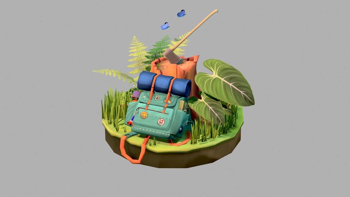 Backpack on tree stump 3D Model