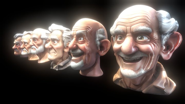 6x Stylized Grandpa Heads 3D Model