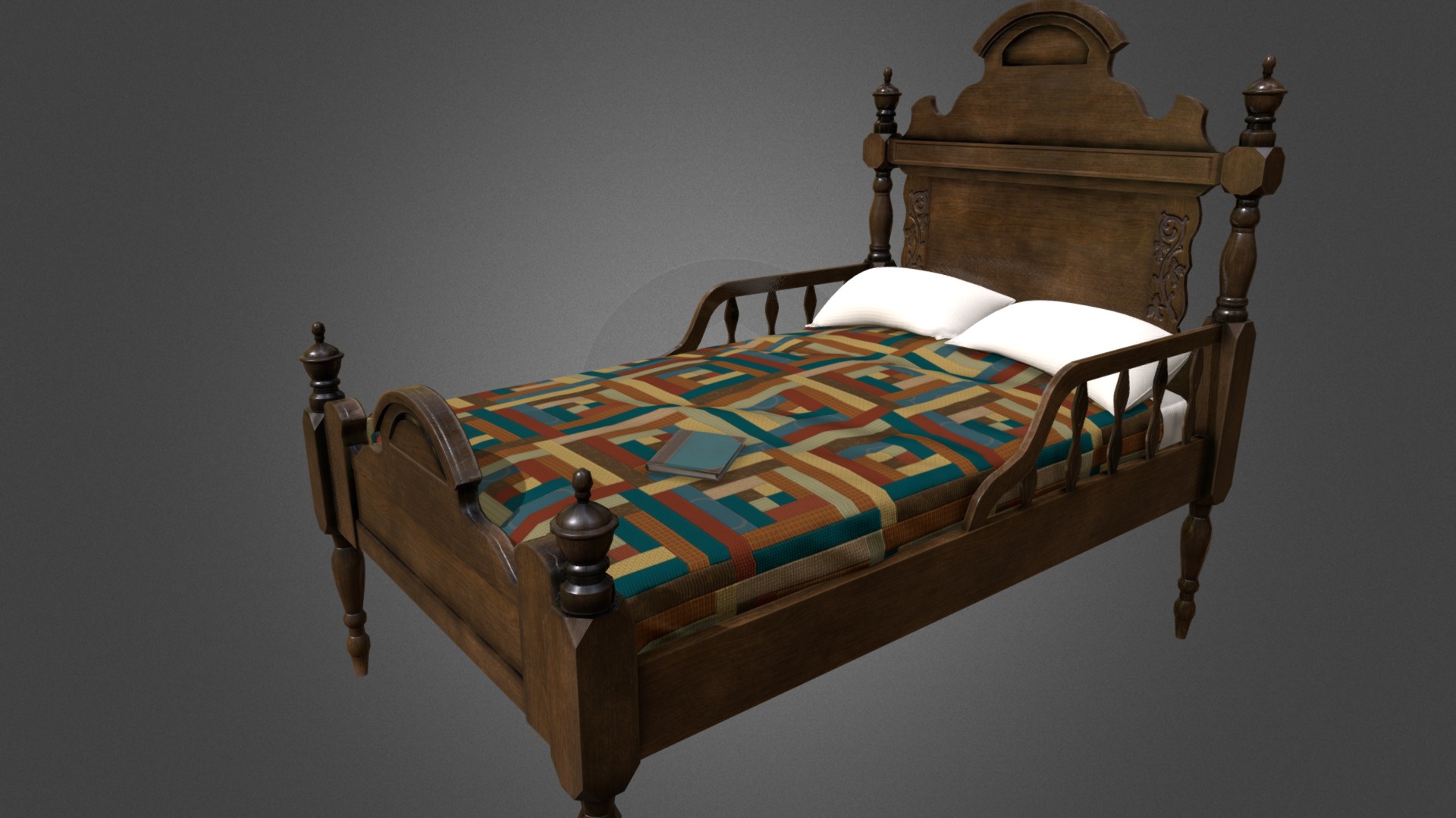 3D model Bed - This is a 3D model of the Bed. The 3D model is about a bed with a blue and yellow comforter.