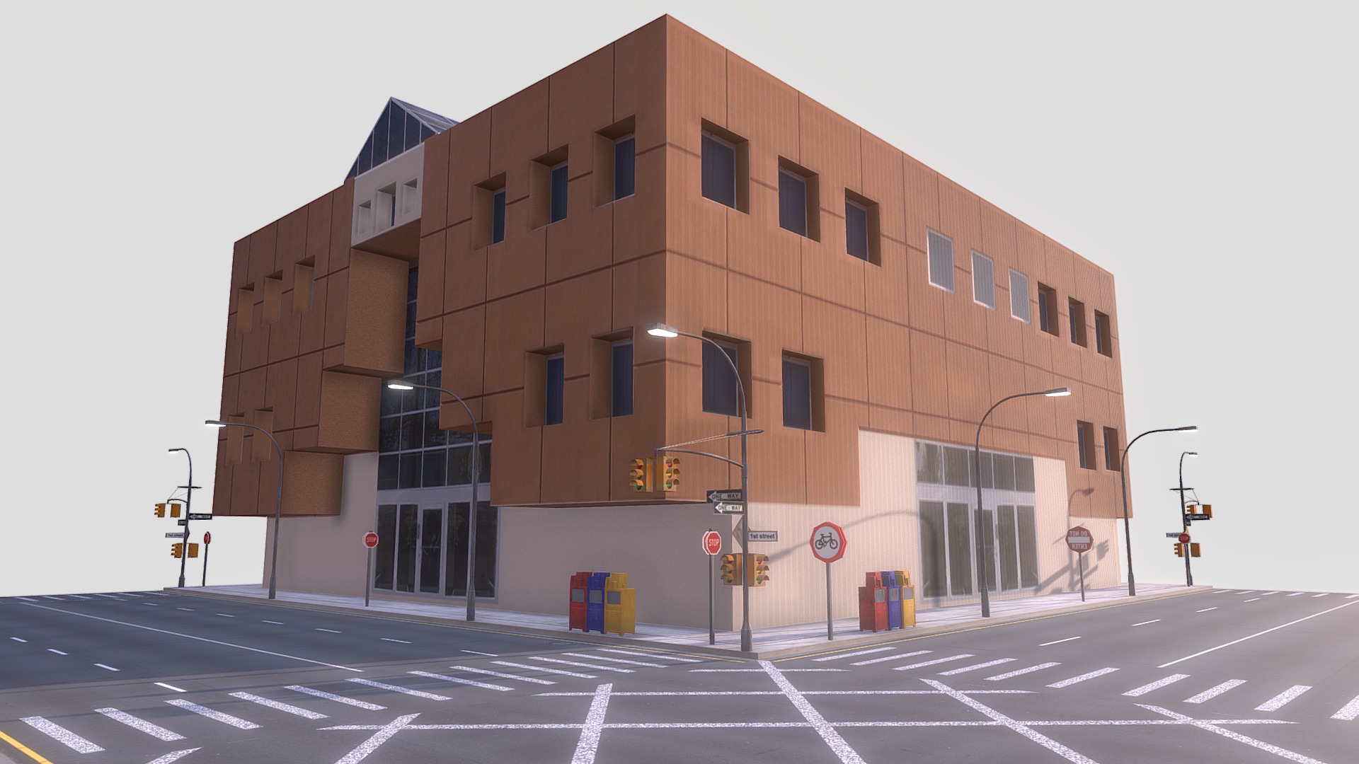 3D model Low Poly City Block 04 - This is a 3D model of the Low Poly City Block 04. The 3D model is about a large building with a road in front of it.