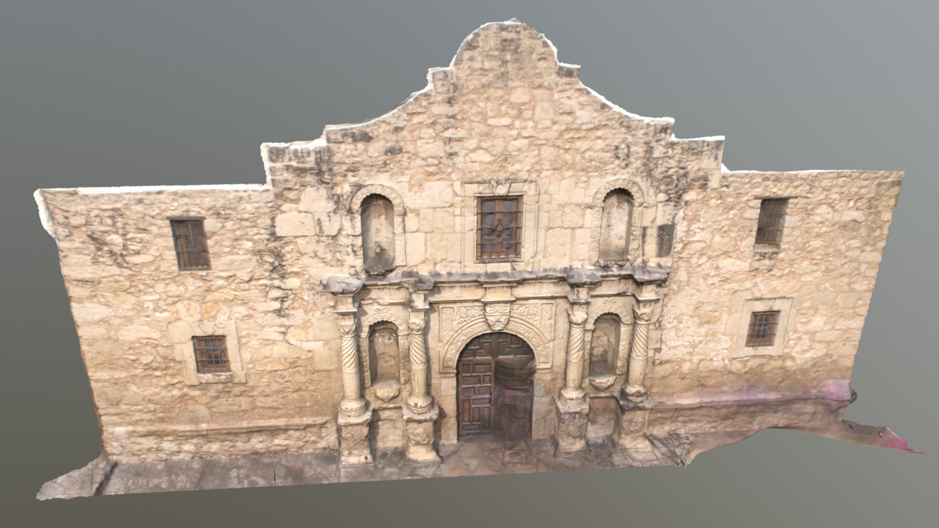 3D model Alamo-front - This is a 3D model of the Alamo-front. The 3D model is about a stone building with a large archway with Alamo Mission in San Antonio in the background.