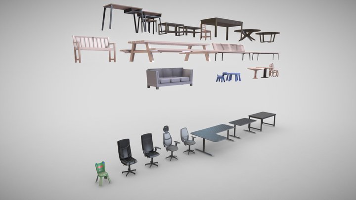 Chair and table asset pack 3D Model