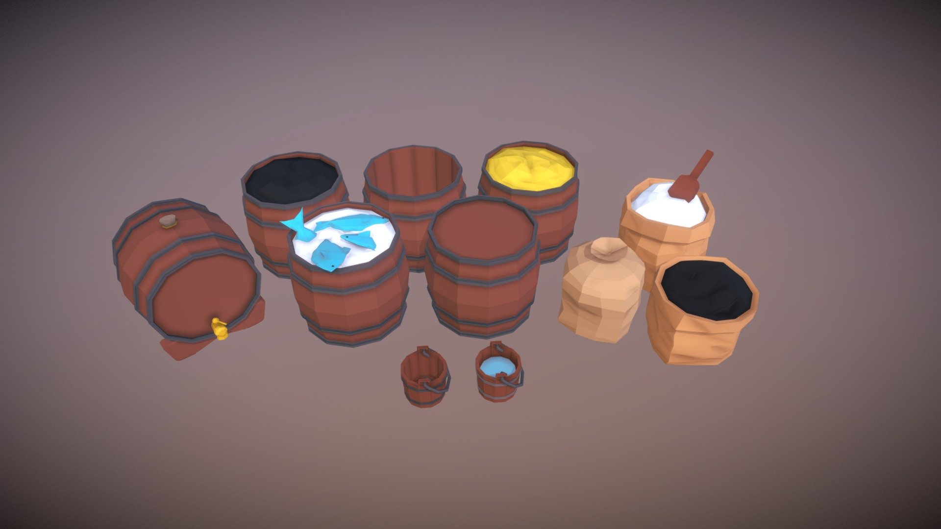 Low Poly Grain Bags, buckets and barrels