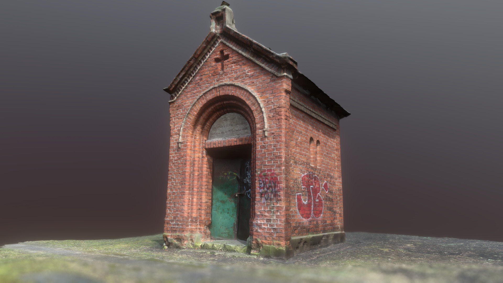 3D model Graveyard Chapel 003 - This is a 3D model of the Graveyard Chapel 003. The 3D model is about a brick building with graffiti on it.