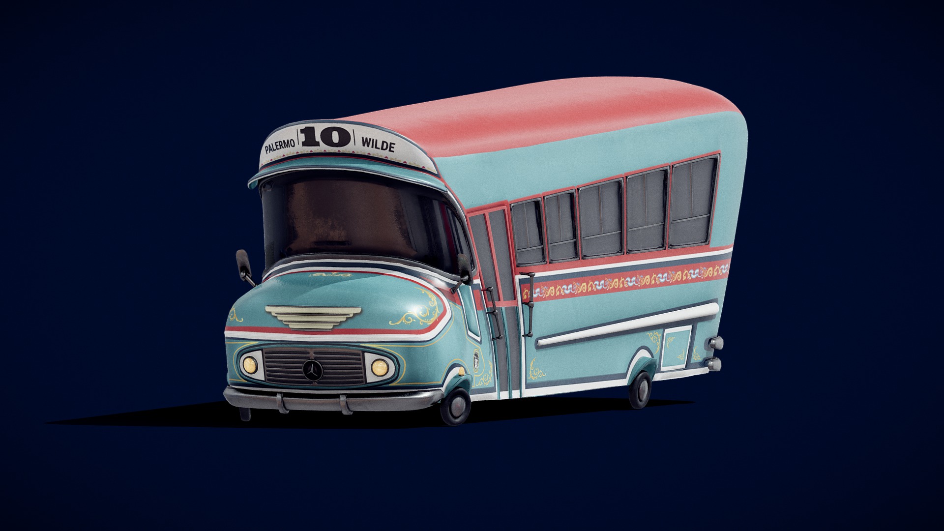3D model Colectivo 10 Toon (Argentine Bus) - This is a 3D model of the Colectivo 10 Toon (Argentine Bus). The 3D model is about a toy bus with a red and blue stripe.