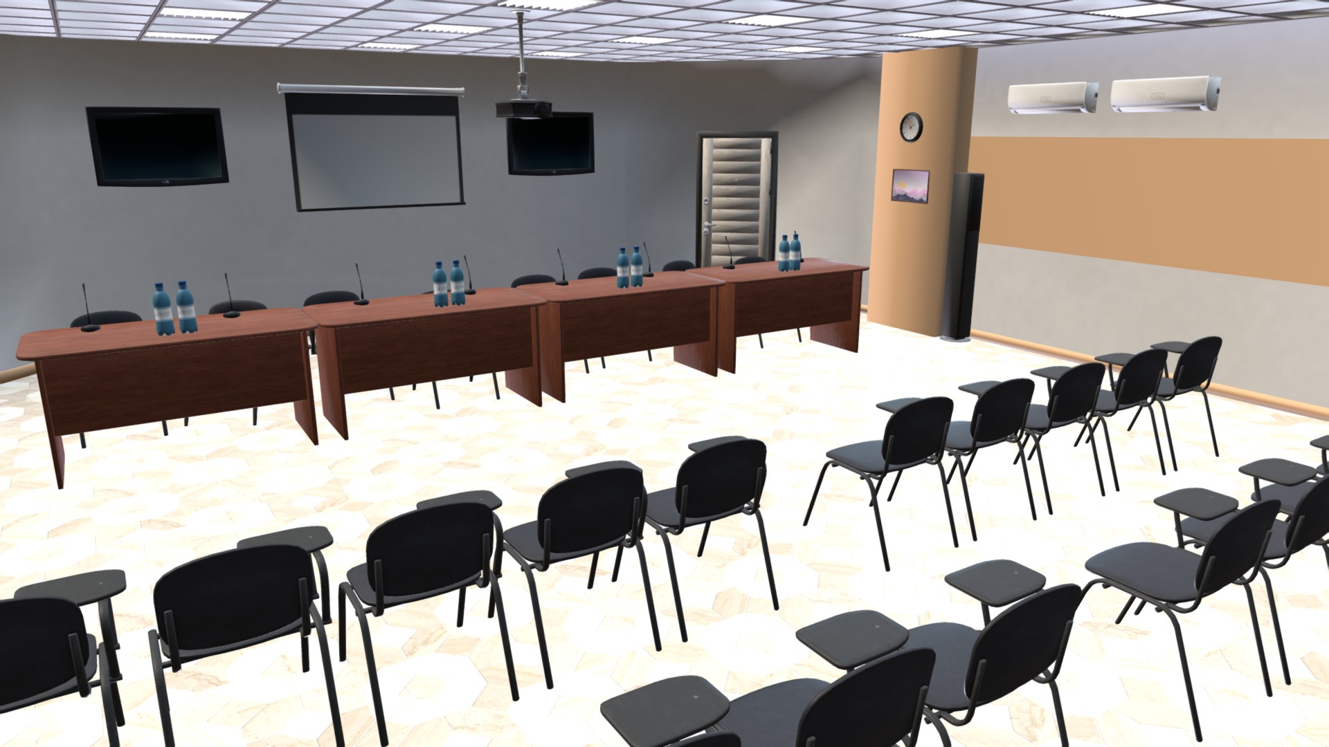 3D model Conference hall – interior and props - This is a 3D model of the Conference hall - interior and props. The 3D model is about a room with chairs and tables.