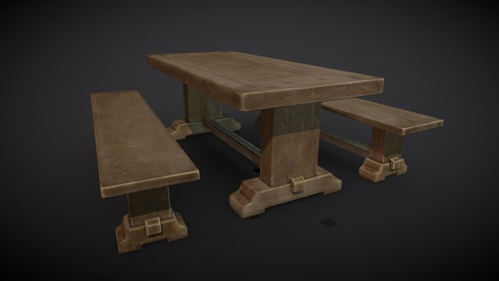 Wooden Bench And Table lowpoly 3D Model