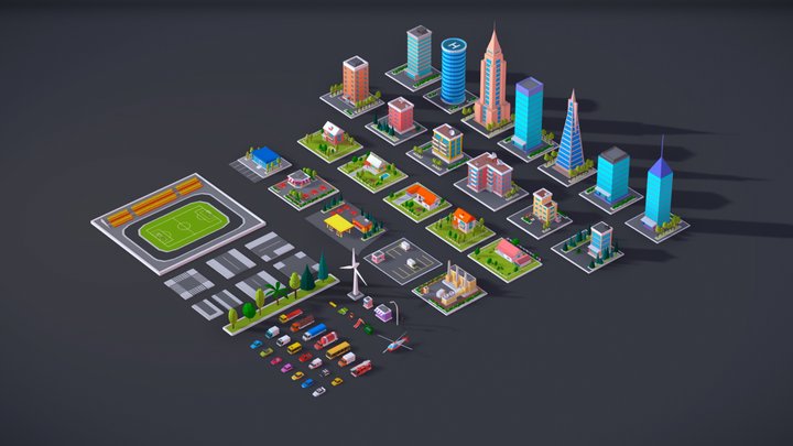 Polygonia City Buildings + Cars + Elements Pack 3D Model