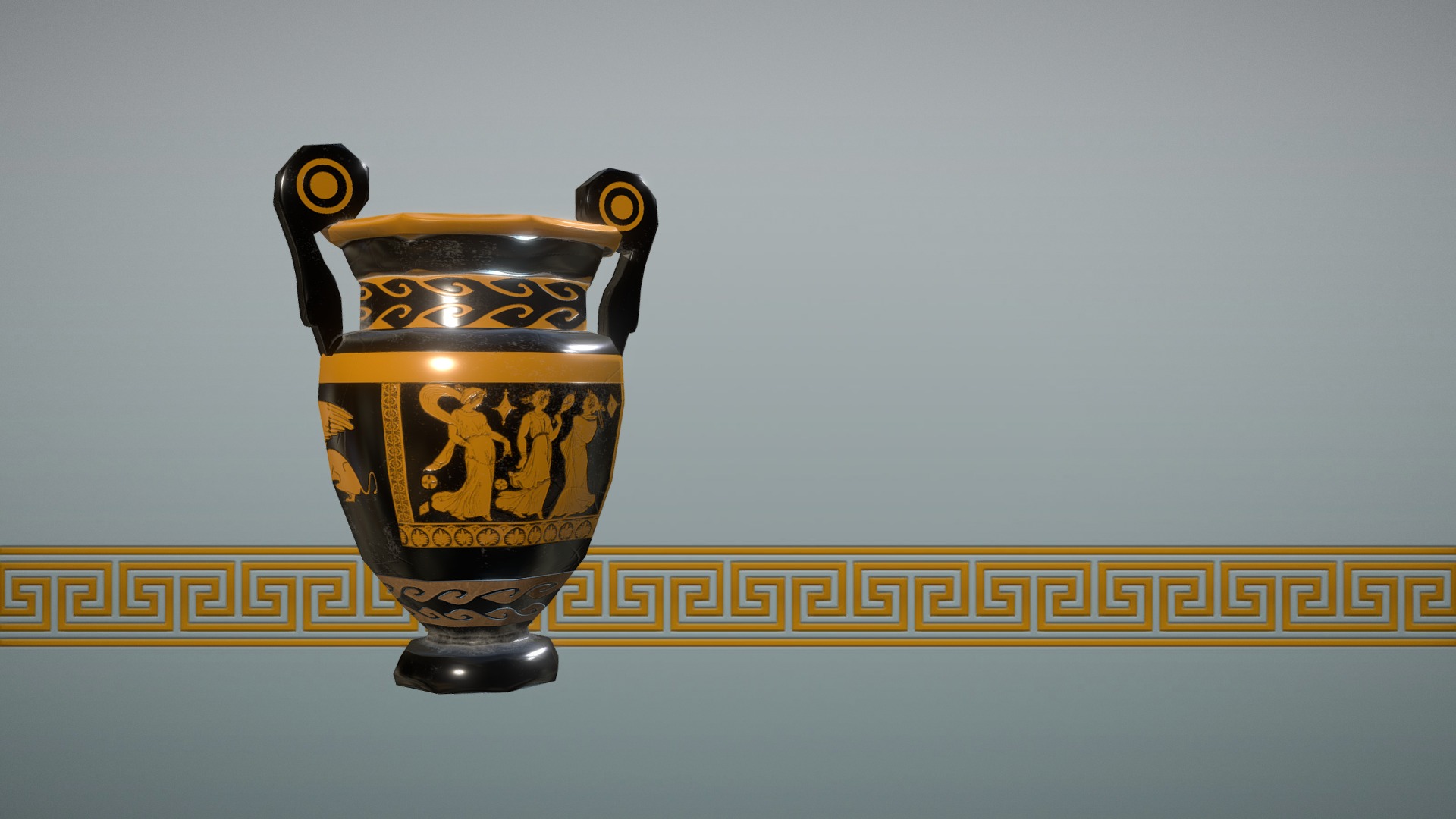 3D model Greek Pottery – Volute Krater - This is a 3D model of the Greek Pottery - Volute Krater. The 3D model is about a gold and black vase.
