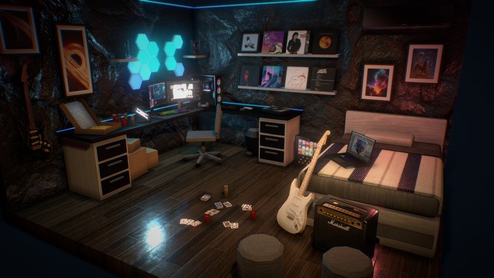 Low Poly Isometric Gaming Bedroom - Lights On 3D Model