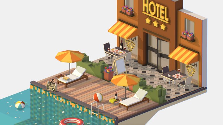 Isometric Relax Pool on Hotel Loungers 3D Model