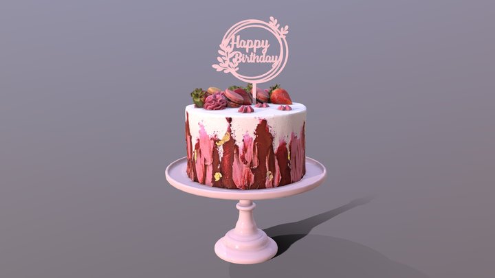 Elegant Hibiscus Strawberry Swirl Birthday Cake 3D Model