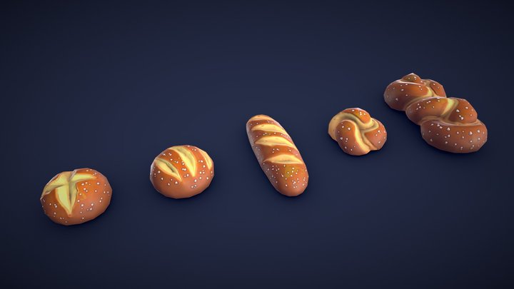Stylized Pretzel Bread and Rolls - Low Poly 3D Model