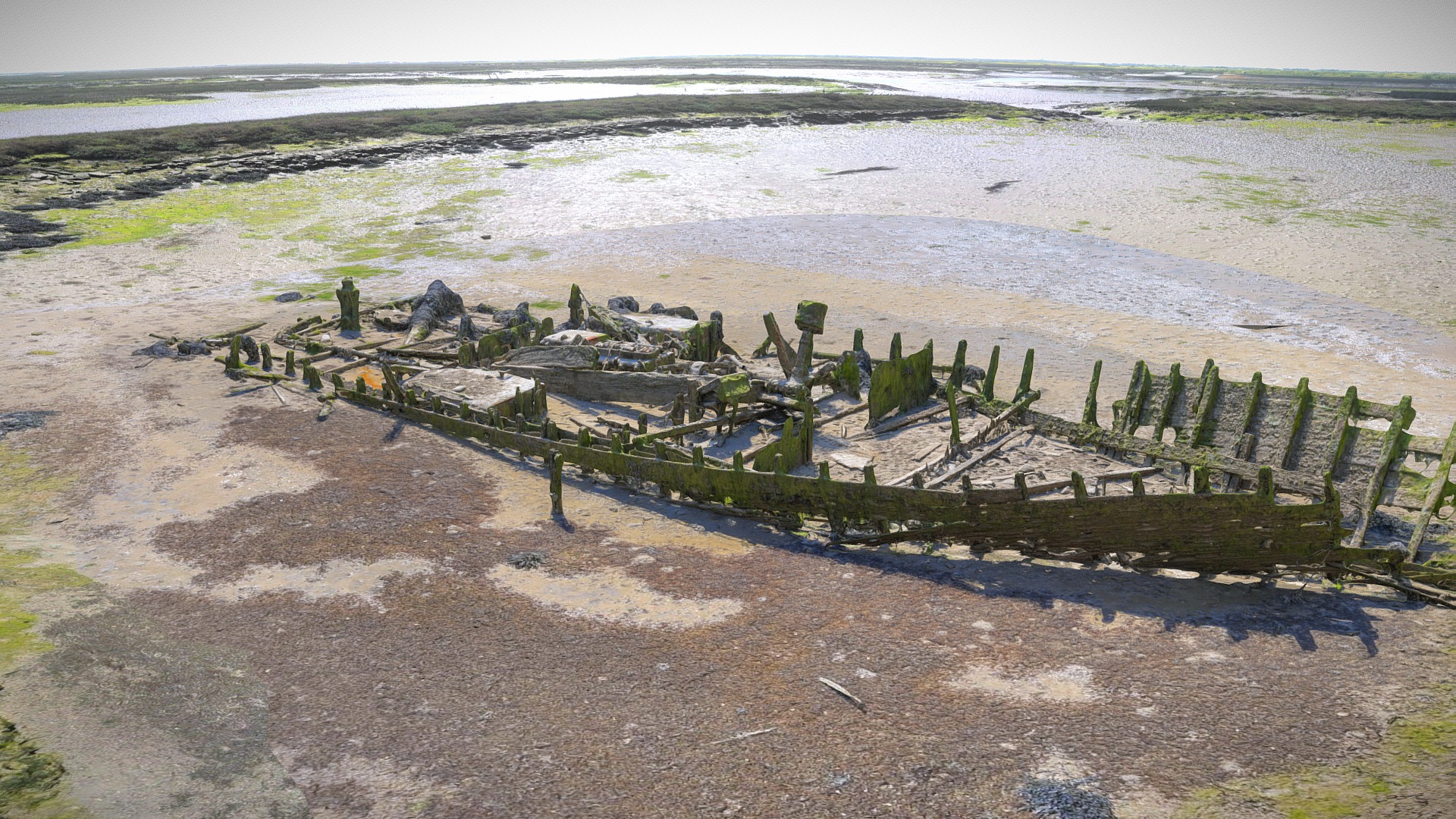 3D model Shipwreck Ré Island - This is a 3D model of the Shipwreck Ré Island. The 3D model is about a beach with a town in the distance.