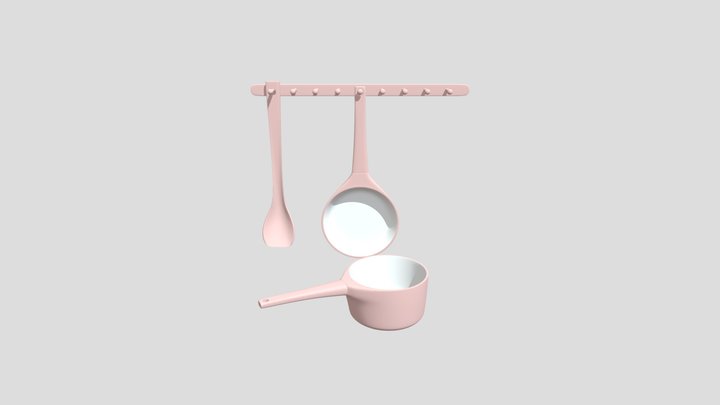 Pink Kitchen Set Pan, Pot, Spatula & Hanger 3D Model