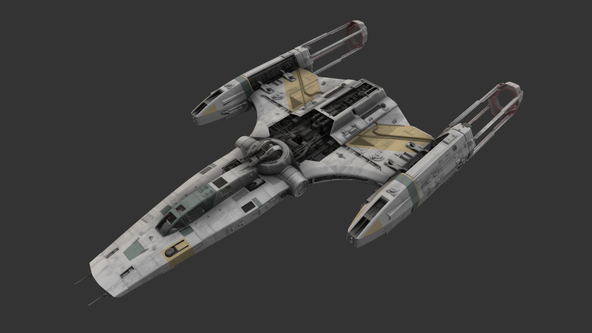 3D model Resistance Y-Wing - This is a 3D model of the Resistance Y-Wing. The 3D model is about a white and black toy space ship.
