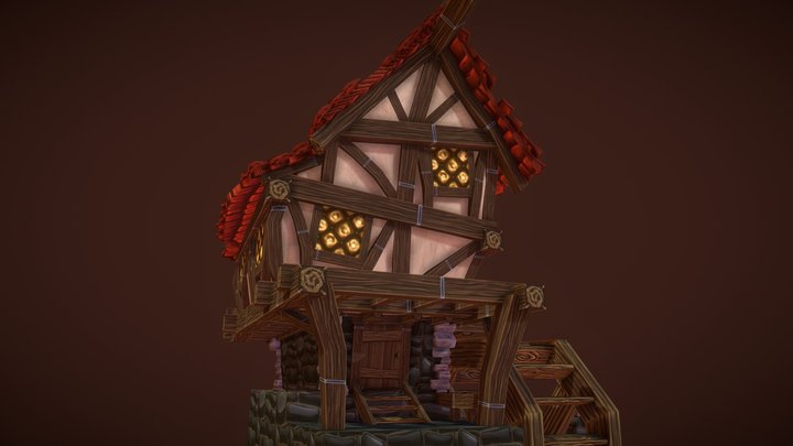 Village House with Watermill 3D Model