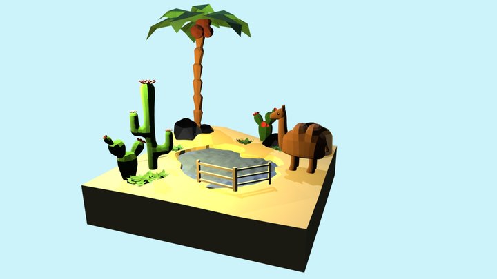 Desert with camel, cactus, and coconut tree 3D Model