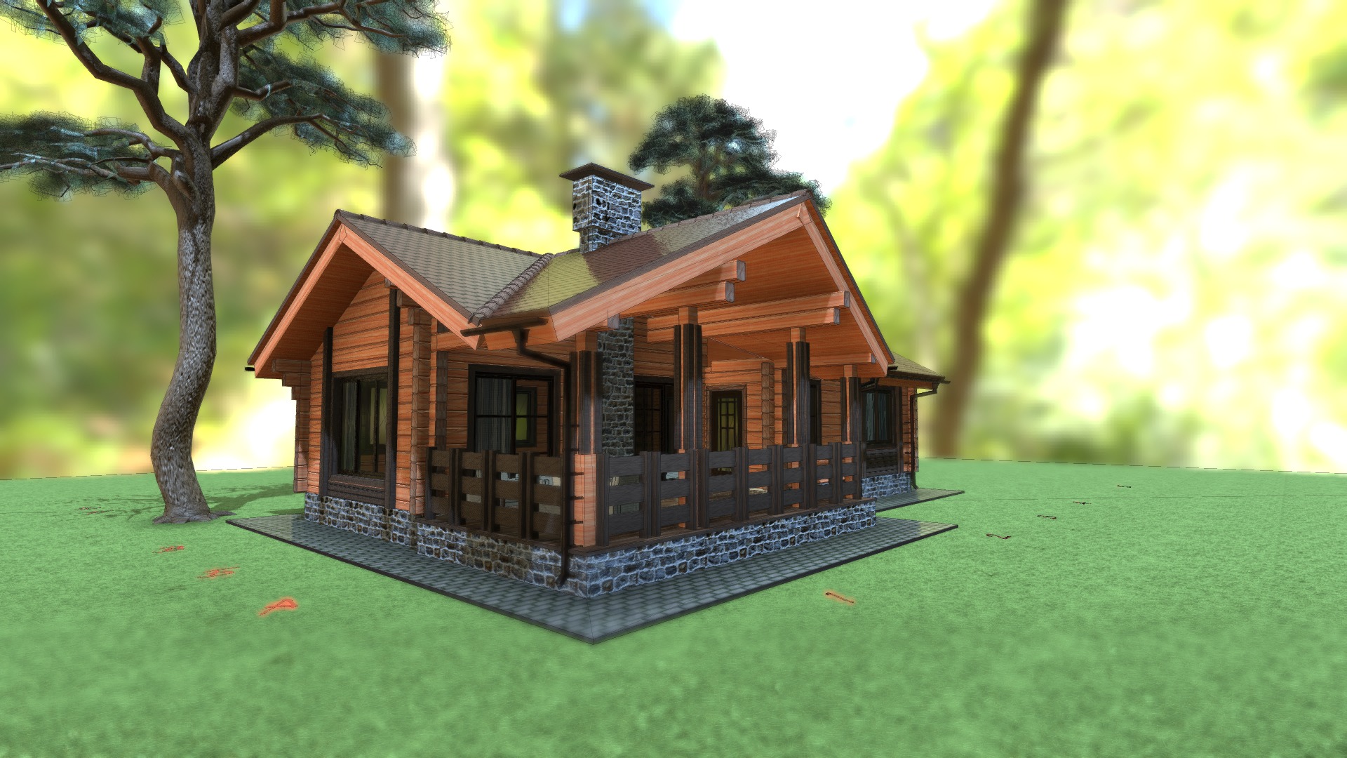 3D model Одноэтажный гостевой дом с двумя спальнями - This is a 3D model of the Одноэтажный гостевой дом с двумя спальнями. The 3D model is about a small wooden house.