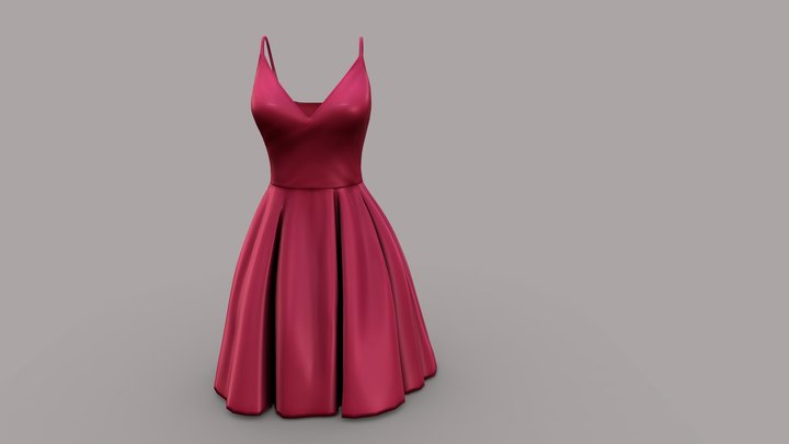 Female Red Chiffon Midi Dress With Straps 3D Model