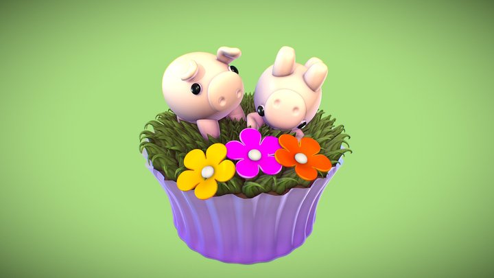 Playful Piglets and Floral Cupcake. 3D Model
